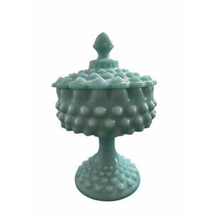 vintage Fenton turquoise blue aqua hobnail pedestal candy compote with lid, mad